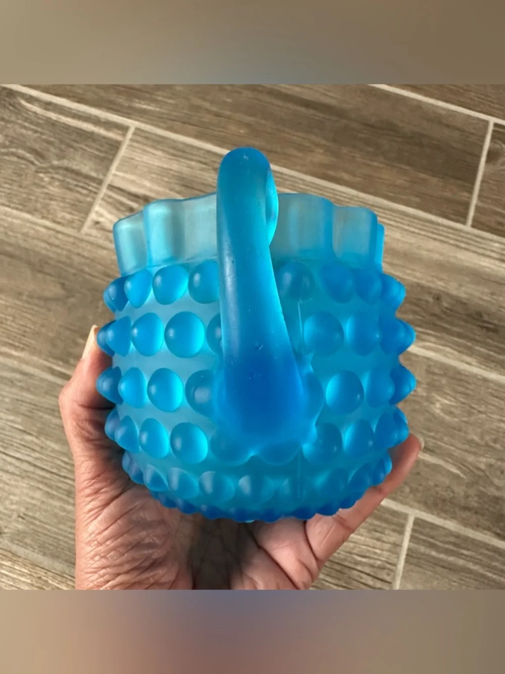 Vintage Fenton Frosted Satin Blue Teal Hobnail W/Ruffled Edge Table Creamer